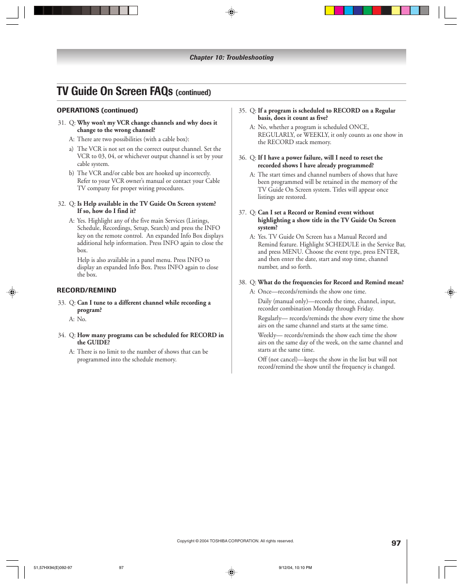 Tv guide on screen faqs | Toshiba 51HX94 User Manual | Page 97 / 104