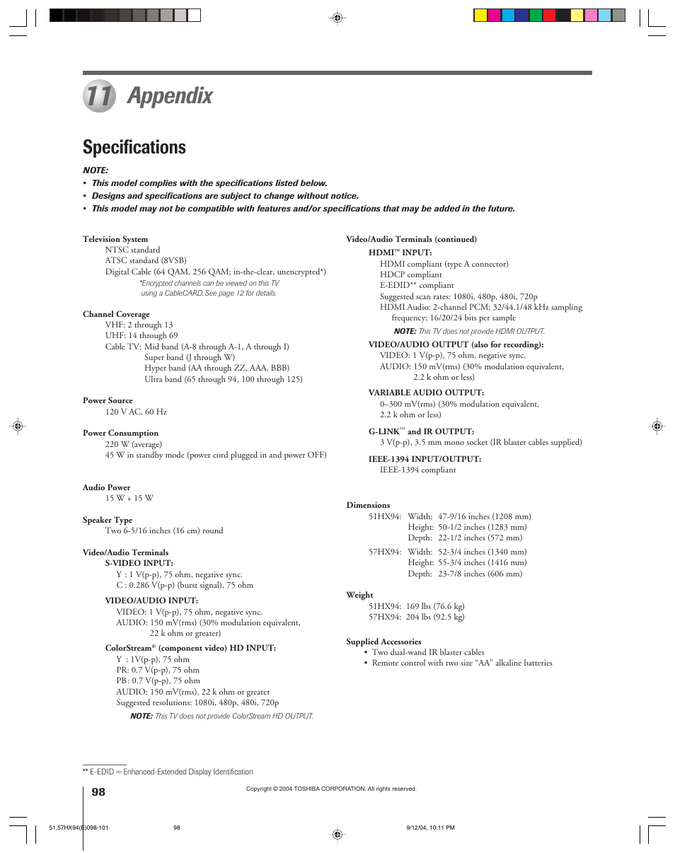 Appendix, Specifications | Toshiba 51HX94 User Manual | Page 98 / 104