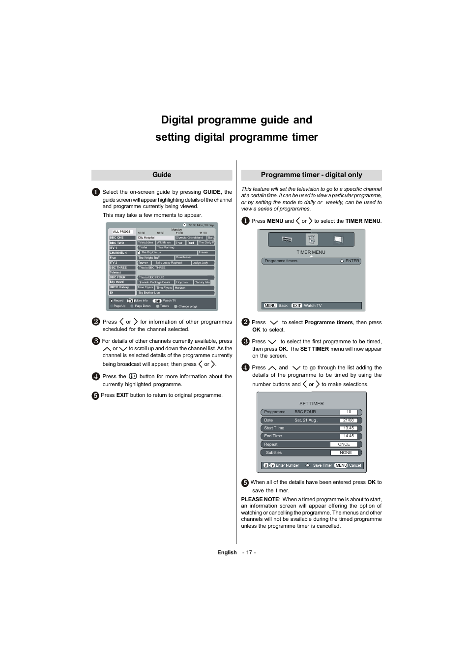 Guide, Programme timer - digital only | Toshiba 19W330DG User Manual | Page 18 / 35