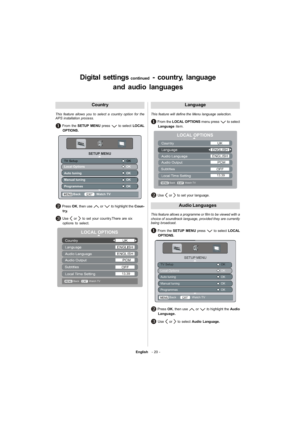 Digital settings, Country, language and audio languages | Toshiba 19W330DG User Manual | Page 21 / 35