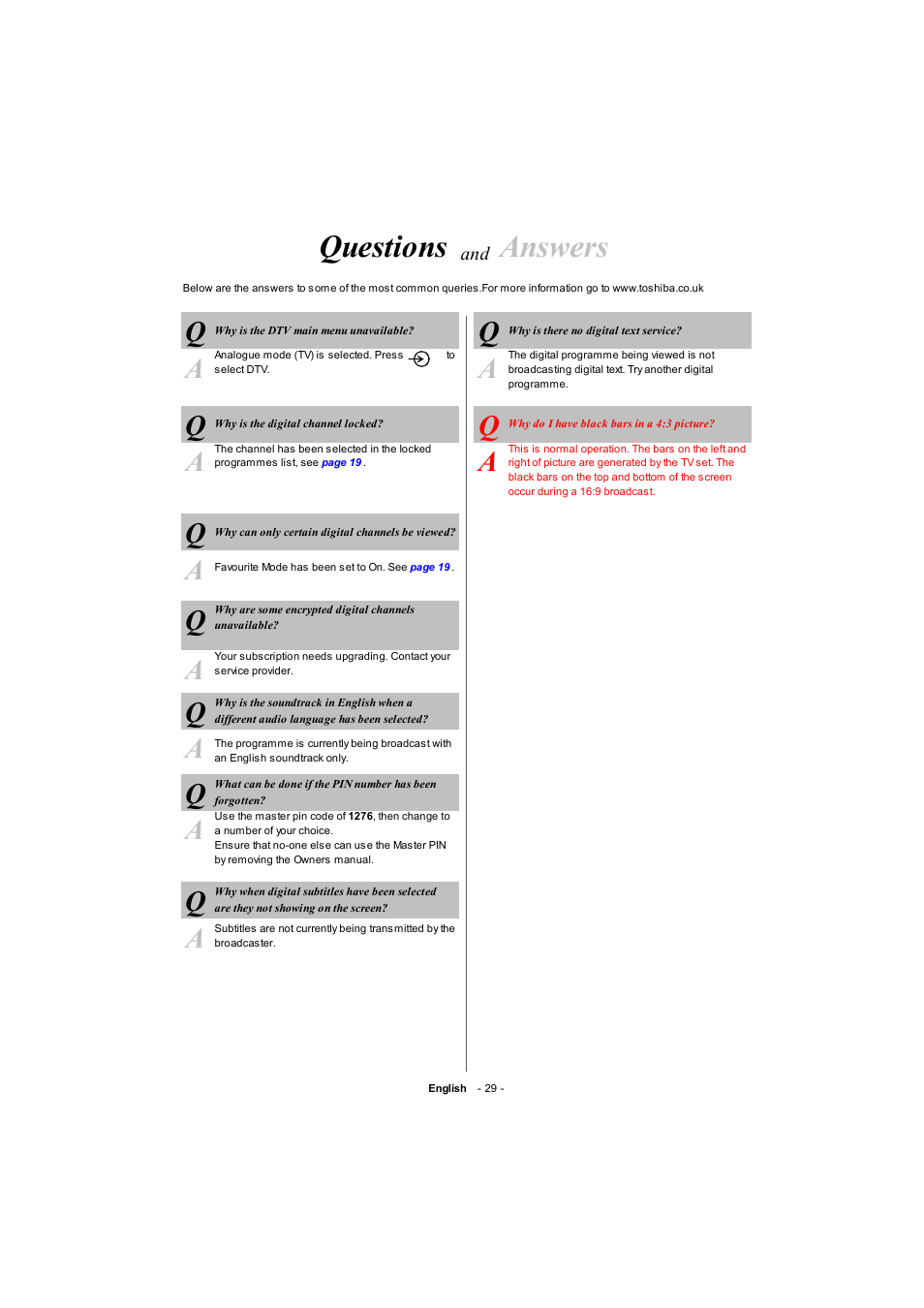 Questions, Answers | Toshiba 19W330DG User Manual | Page 30 / 35