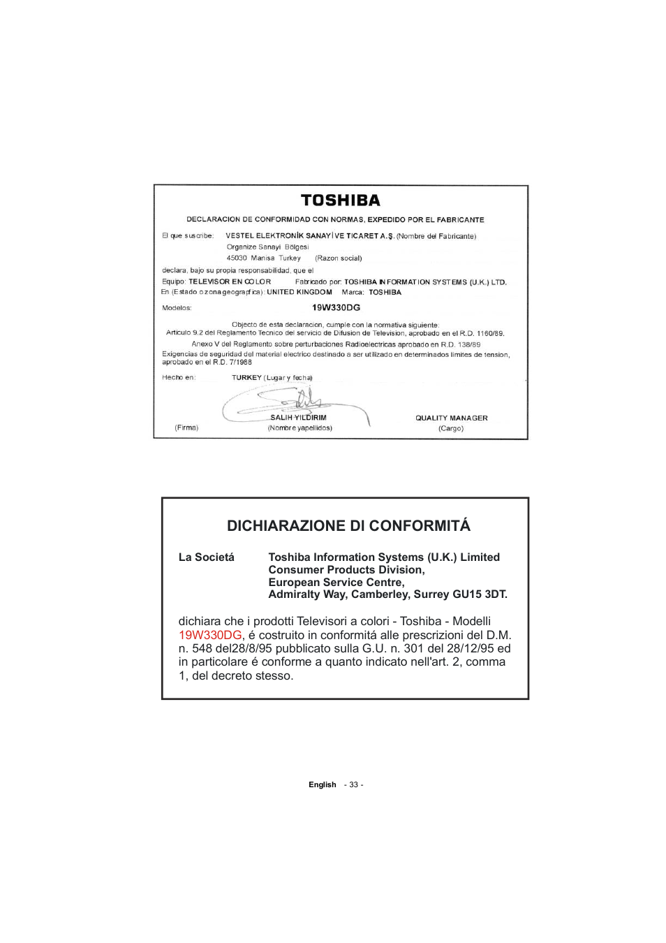 Dichiarazione dl conformitá | Toshiba 19W330DG User Manual | Page 34 / 35