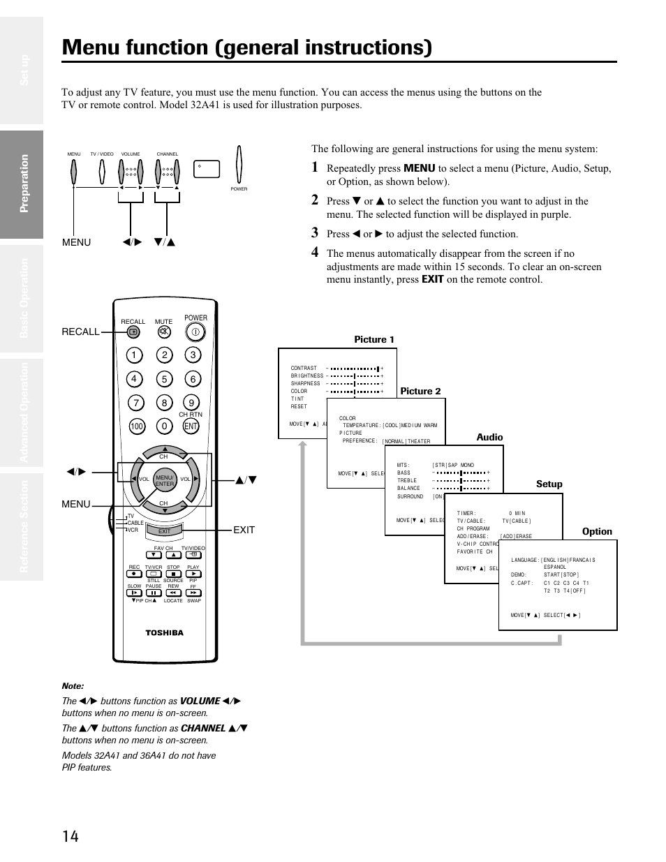 Menu function (general instructions), S/t t/s, Press t or s to adjust the selected function | Preparation, Exit menu recall, Picture 1 picture 2 audio setup option, Menu | Toshiba 32A41 User Manual | Page 14 / 35