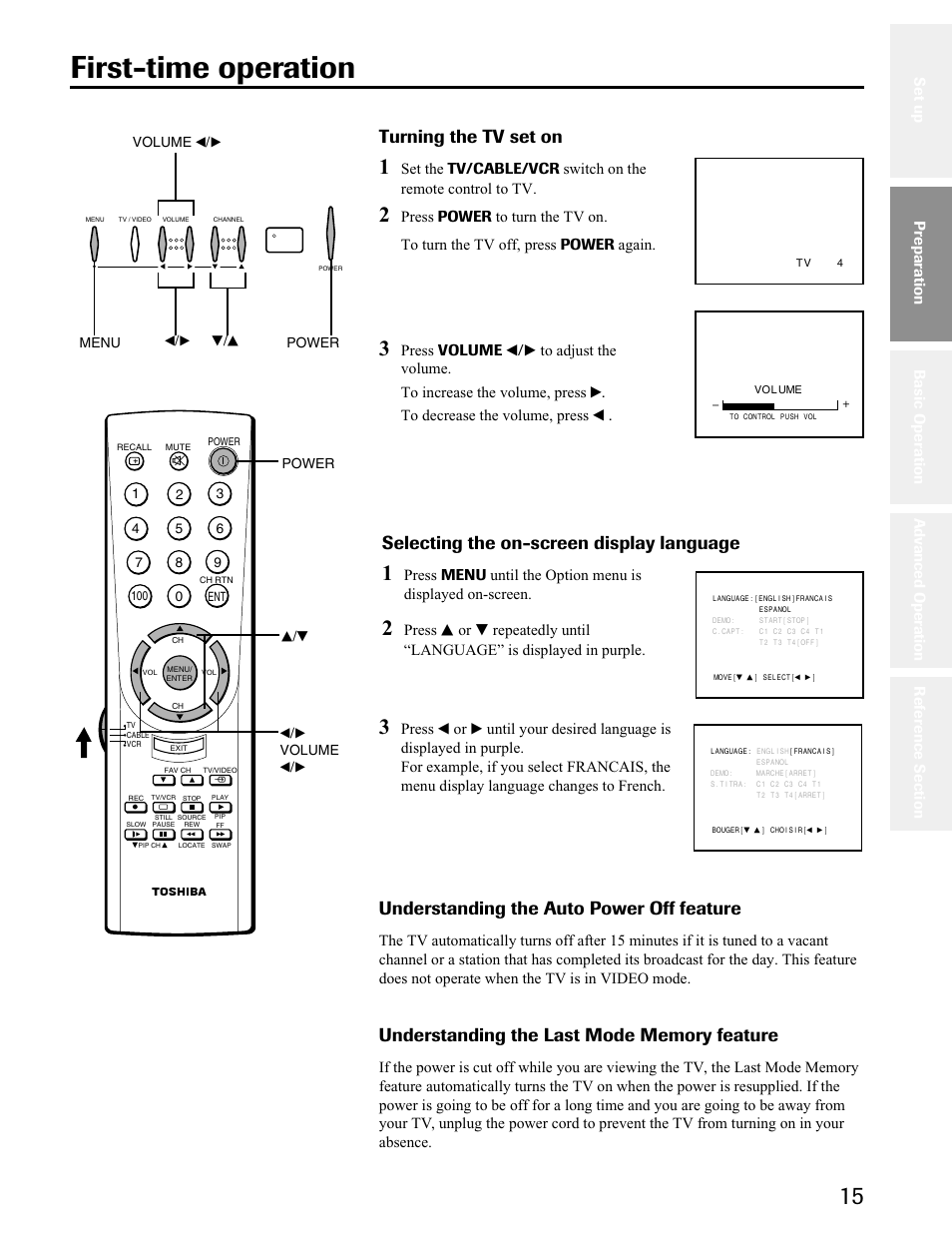 First time operation, First-time operation, Turning the tv set on | Selecting the on-screen display language, Understanding the auto power off feature, Preparation | Toshiba 32A41 User Manual | Page 15 / 35