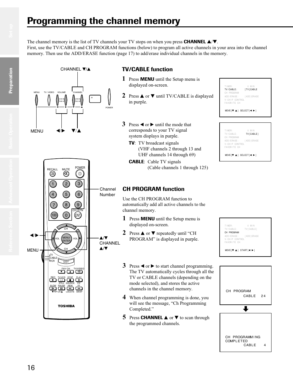 Programming channel memory, Tv/cable function, Ch program function | T/s t/s, Press s or t until tv/cable is displayed in purple, Preparation | Toshiba 32A41 User Manual | Page 16 / 35