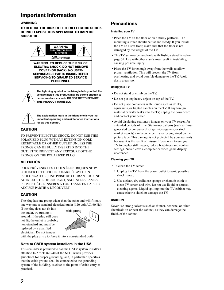 Precautions, Important information | Toshiba 32A41 User Manual | Page 2 / 35