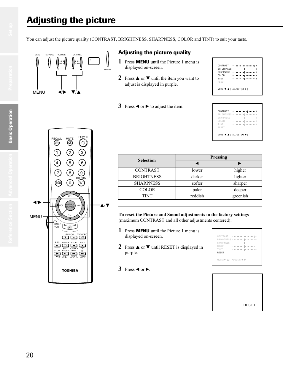 Adjusting the picture, Adjusting the picture quality, Press s or t until reset is displayed in purple | Press t or s, Press t or s to adjust the item. s/t selection, T/s t/s, Basic operation, Menu | Toshiba 32A41 User Manual | Page 20 / 35