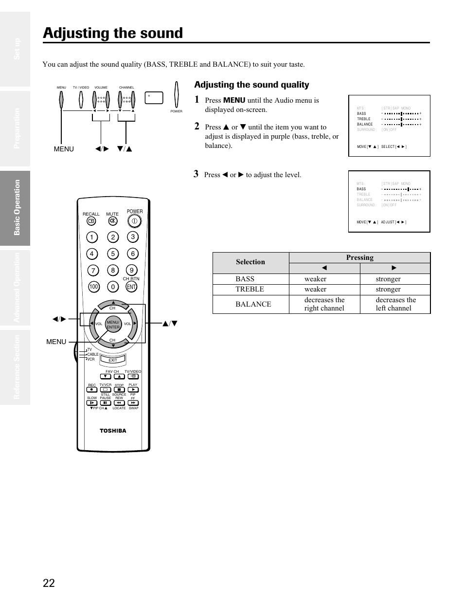 Adjusting the sound, Adjusting the sound quality, Press t or s to adjust the level. t/s t/s t/s | Basic operation | Toshiba 32A41 User Manual | Page 22 / 35