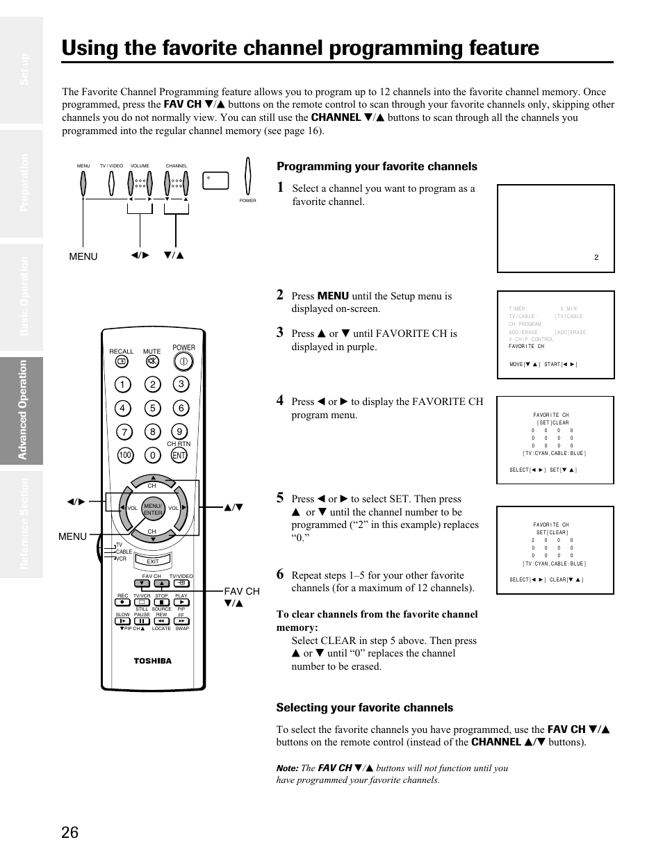 Advanced operation, Favorite channel programming, Using the favorite channel programming feature | Programming your favorite channels, Selecting your favorite channels | Toshiba 32A41 User Manual | Page 26 / 35