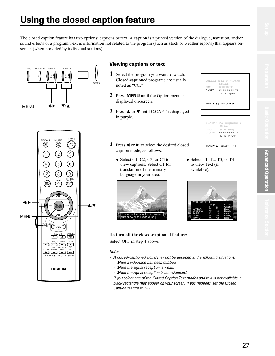 Closed caption, Using the closed caption feature, Viewing captions or text | Press s or t until c.capt is displayed in purple, Advanced operation, Menu t/ s s/t, T/ s t/s menu | Toshiba 32A41 User Manual | Page 27 / 35