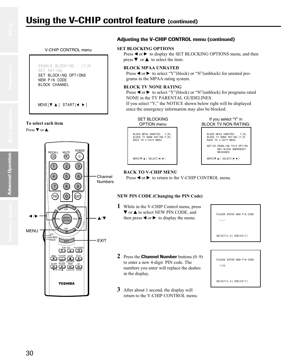 Using the v-chip control feature, Continued), Adjusting the v-chip control menu (continued) | Toshiba 32A41 User Manual | Page 30 / 35