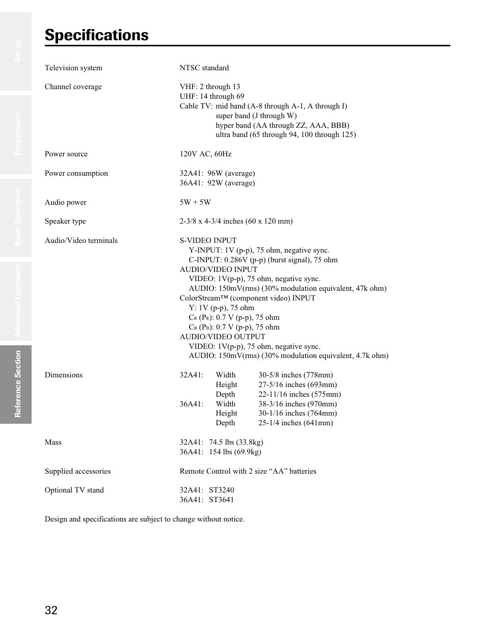 Reference section, Specifications | Toshiba 32A41 User Manual | Page 32 / 35