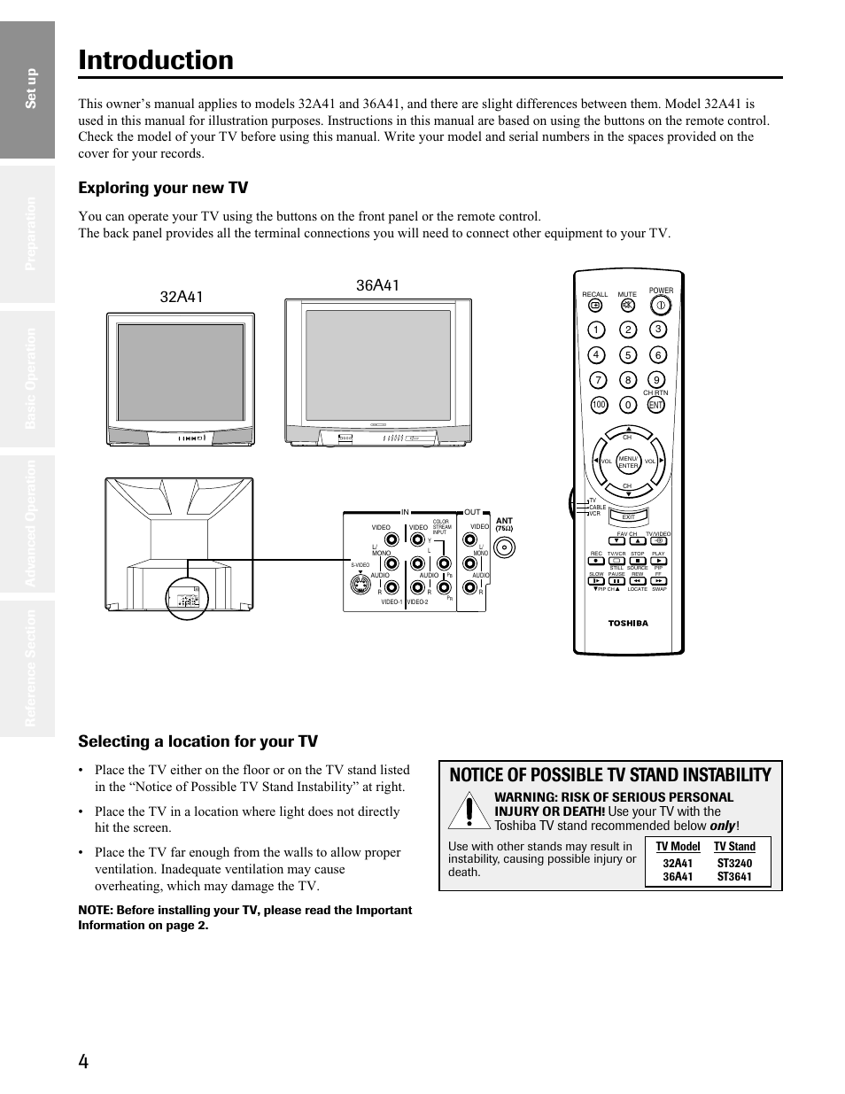 Set up, Introduction, Notice of possible tv stand instability | Exploring your new tv | Toshiba 32A41 User Manual | Page 4 / 35