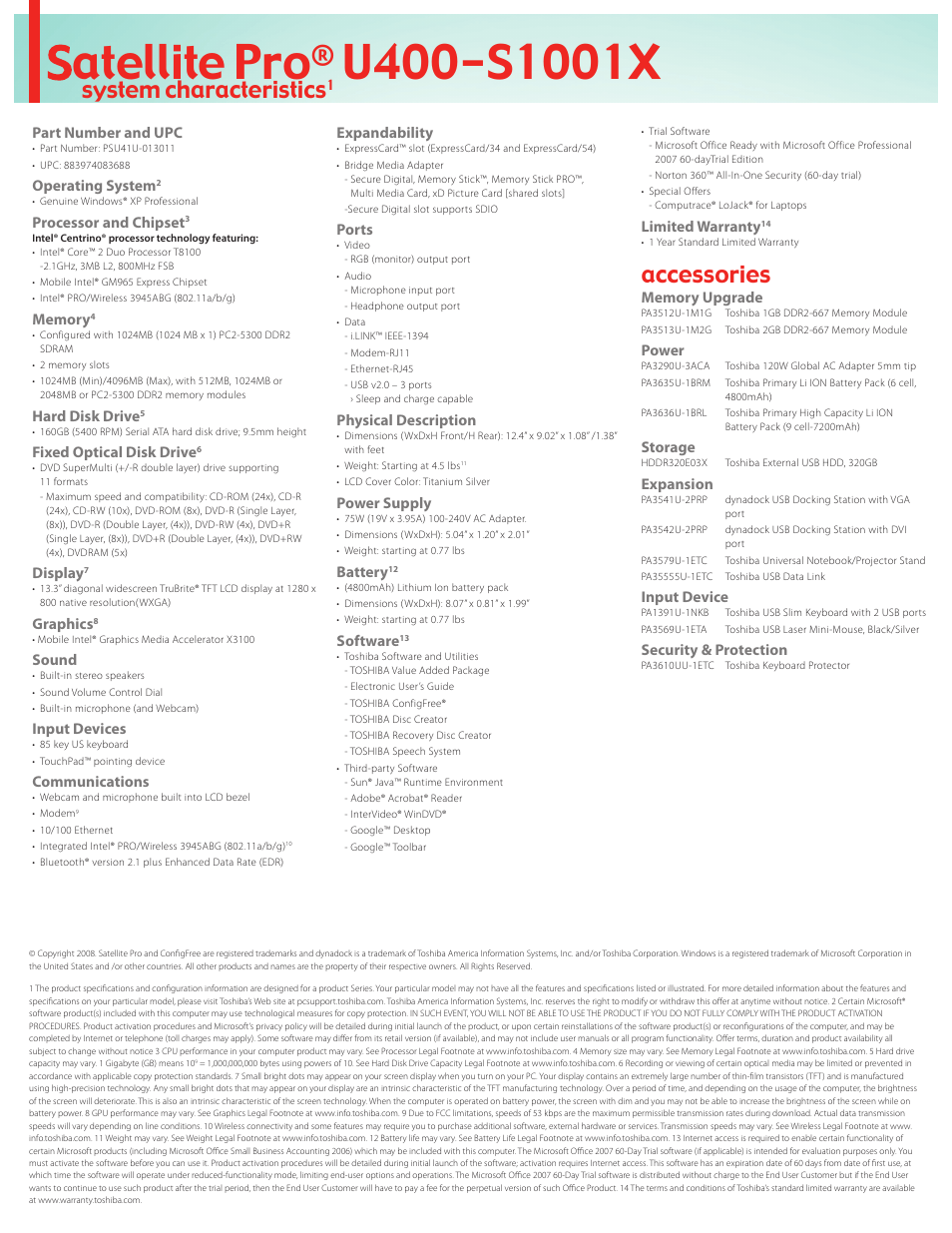 Atellite pro, Accessories, System characteristics | Toshiba U400-S1001X User Manual | Page 2 / 2