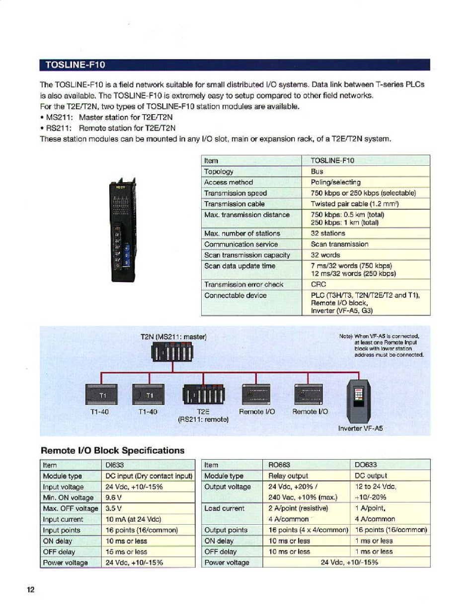 Tosline-f10, Remote i/o block specifications | Toshiba T2E User Manual | Page 12 / 24