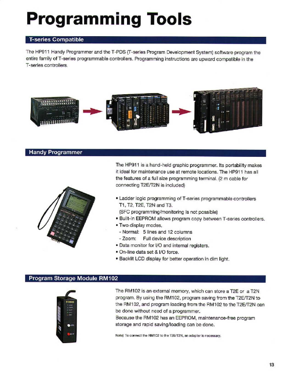 Programming tools, T-series compatible, Handy programmer | Program storage module rm102, I - s f | Toshiba T2E User Manual | Page 13 / 24