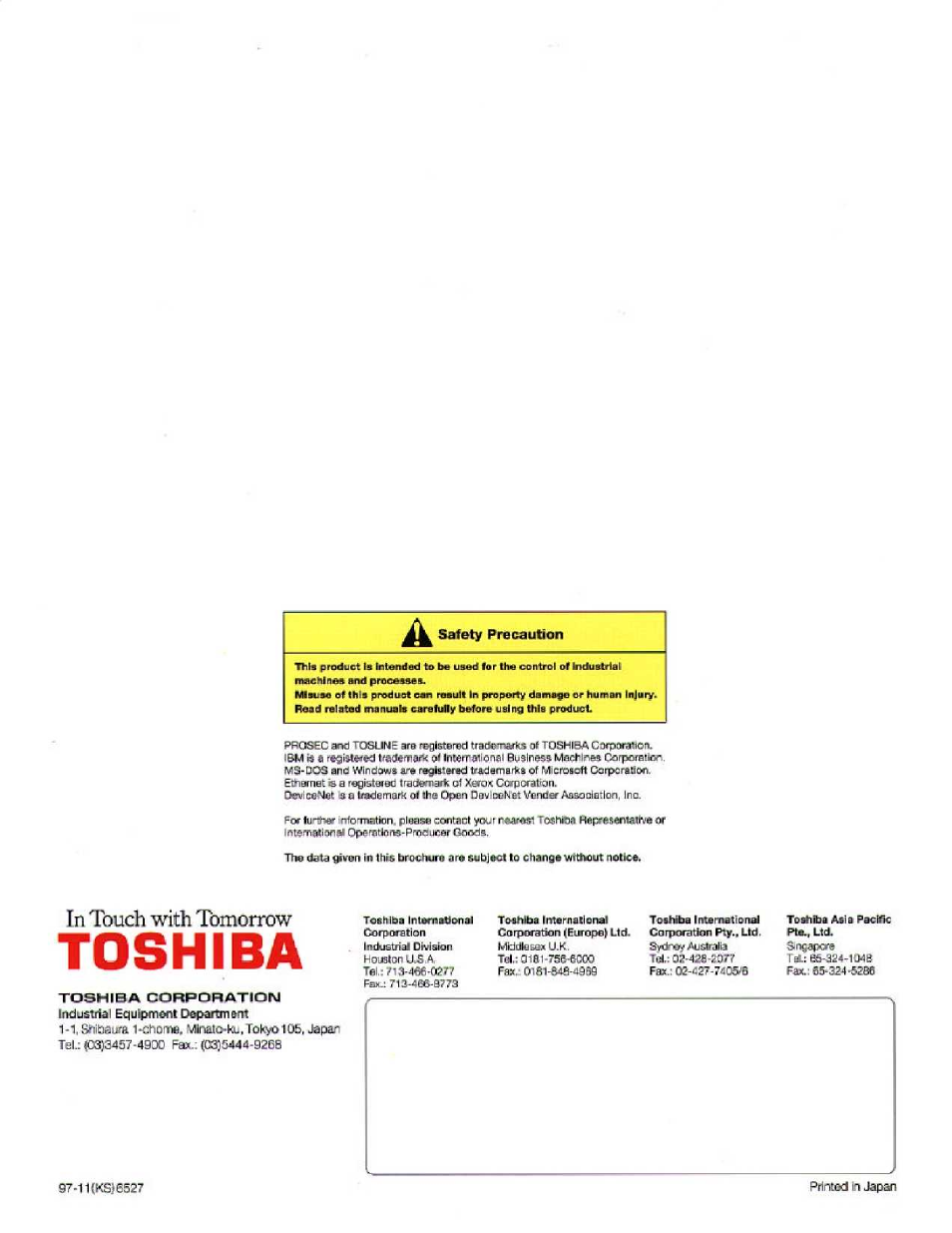 Safety precaution, Toshiba | Toshiba T2E User Manual | Page 24 / 24