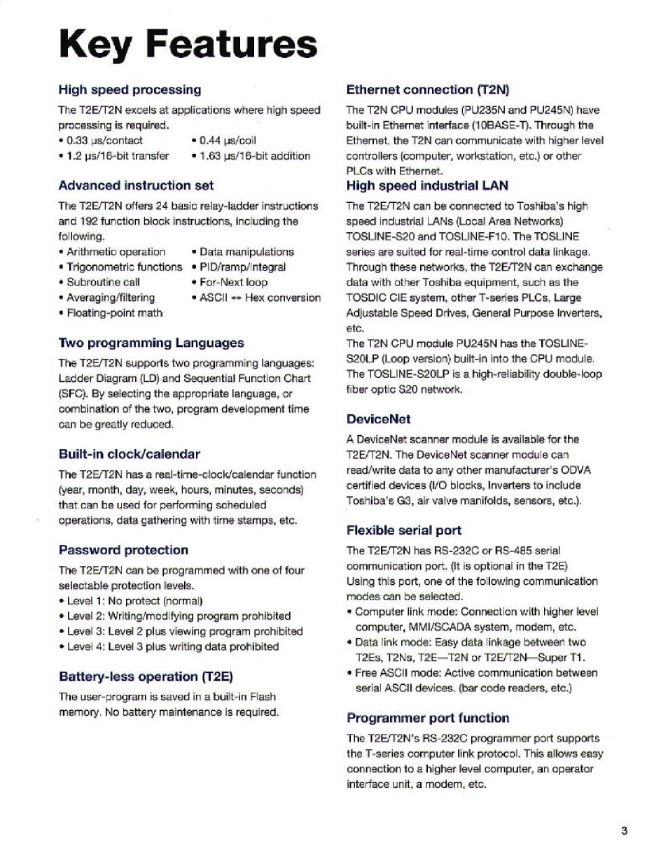 Key features, High speed processing, Advanced instruction set | Two programming languages, Built-in clock/calendar, Password protection, Battery-fess operation ft2e), Ethernet connection (t2n, High speed industrial lan, Device net | Toshiba T2E User Manual | Page 3 / 24