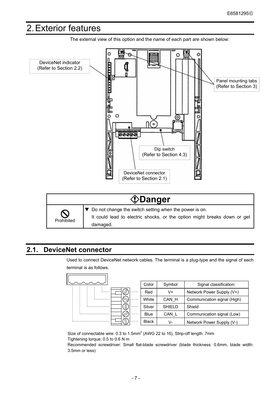 Exterior features, Danger, Devicenet connector | Toshiba DEV002Z User Manual | Page 8 / 20