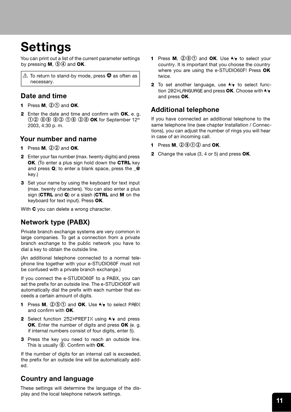 Settings, Date and time, Your number and name | Network type ( pabx), Country and language, Additional telephone | Toshiba ESTUDIO 60F User Manual | Page 11 / 32