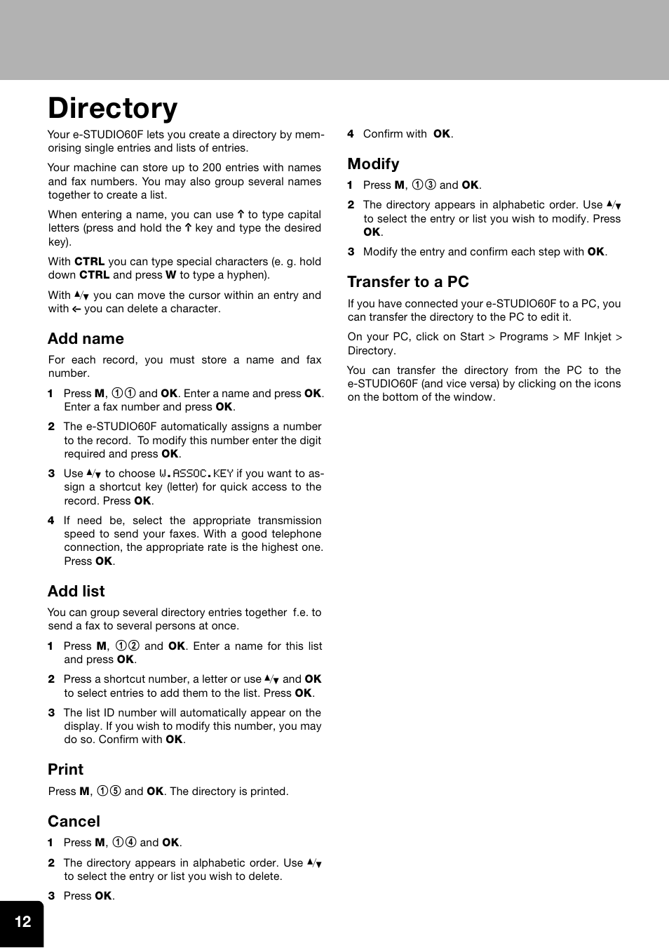 Directory, Add name, Add list | Print, Cancel, Modify, Transfer to a pc | Toshiba ESTUDIO 60F User Manual | Page 12 / 32