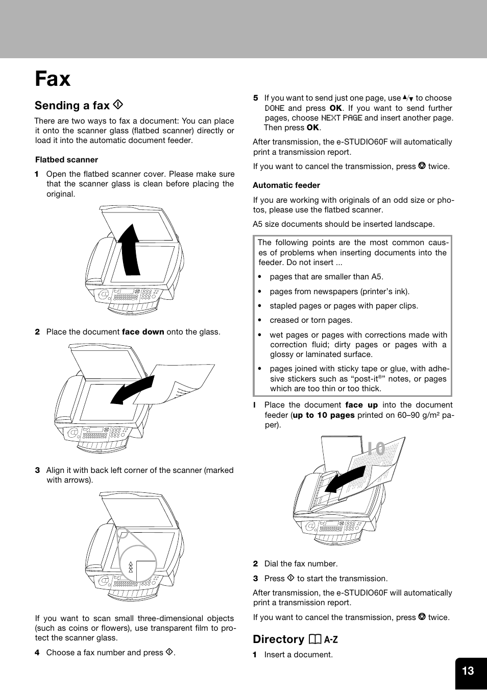 Sending a fax y, Directory a, 1 insert a document | Toshiba ESTUDIO 60F User Manual | Page 13 / 32