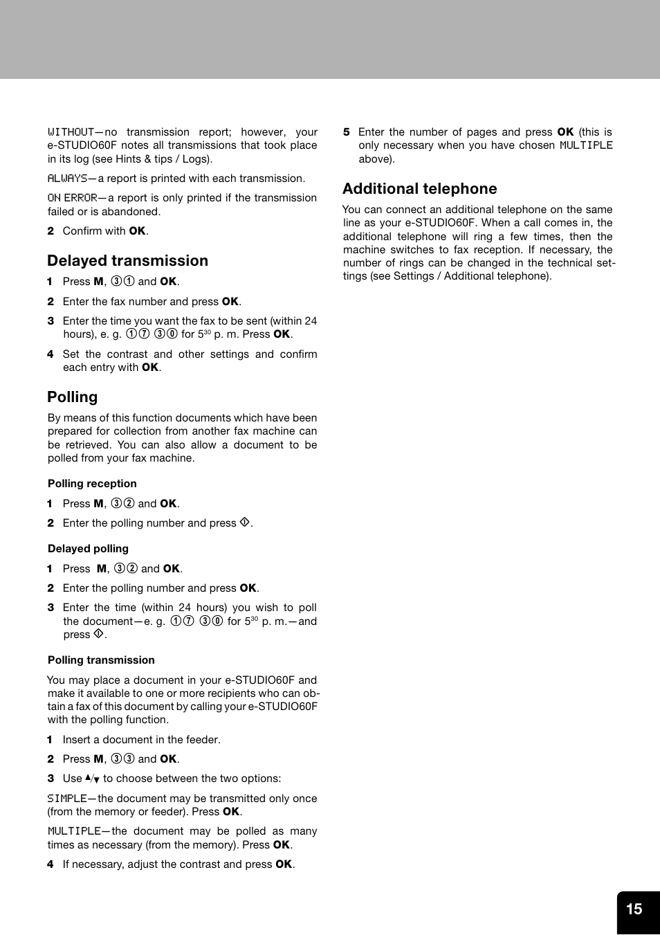 Delayed transmission, Polling, Additional telephone | Toshiba ESTUDIO 60F User Manual | Page 15 / 32