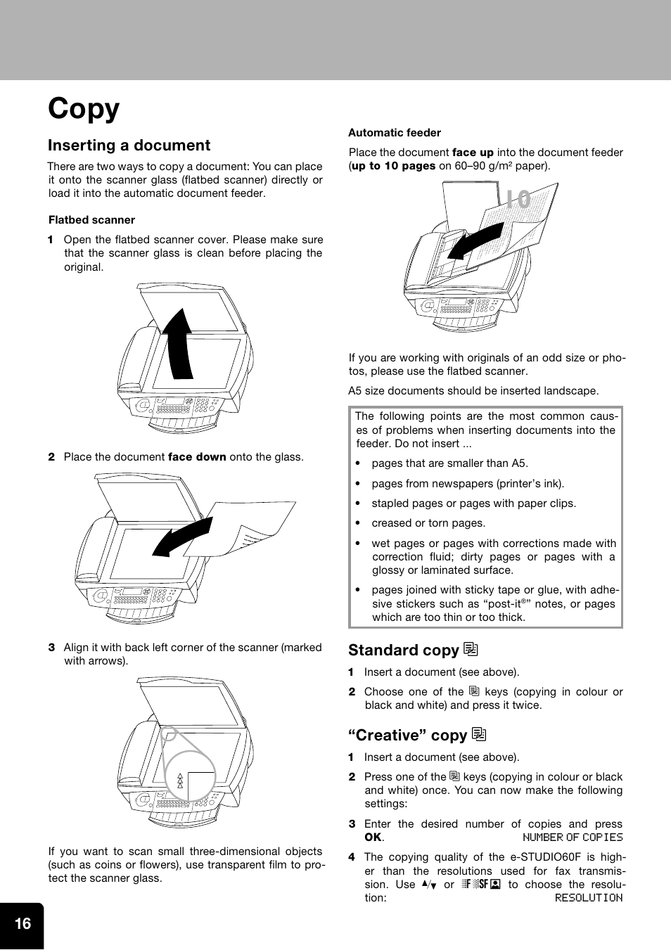 Copy, Inserting a document, Standard copy k | Creative” copy k | Toshiba ESTUDIO 60F User Manual | Page 16 / 32