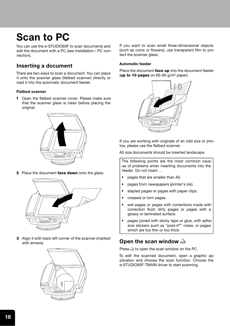 Scan to pc, Inserting a document, Open the scan window z | Toshiba ESTUDIO 60F User Manual | Page 18 / 32