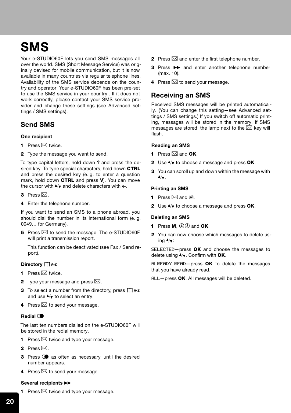 Send sms, Receiving an sms | Toshiba ESTUDIO 60F User Manual | Page 20 / 32