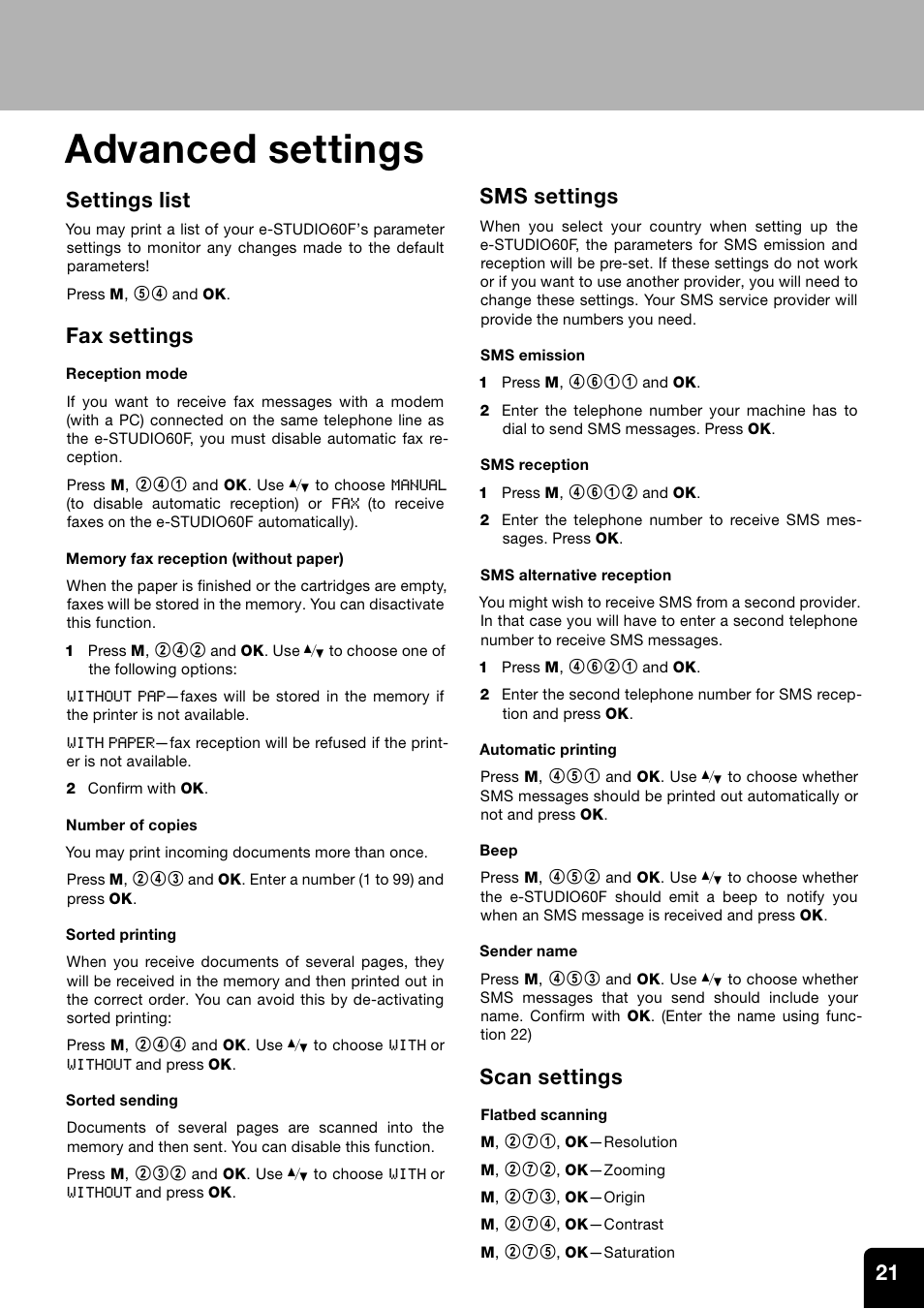 Advanced settings, Settings list, Fax settings | Sms settings, Scan settings | Toshiba ESTUDIO 60F User Manual | Page 21 / 32