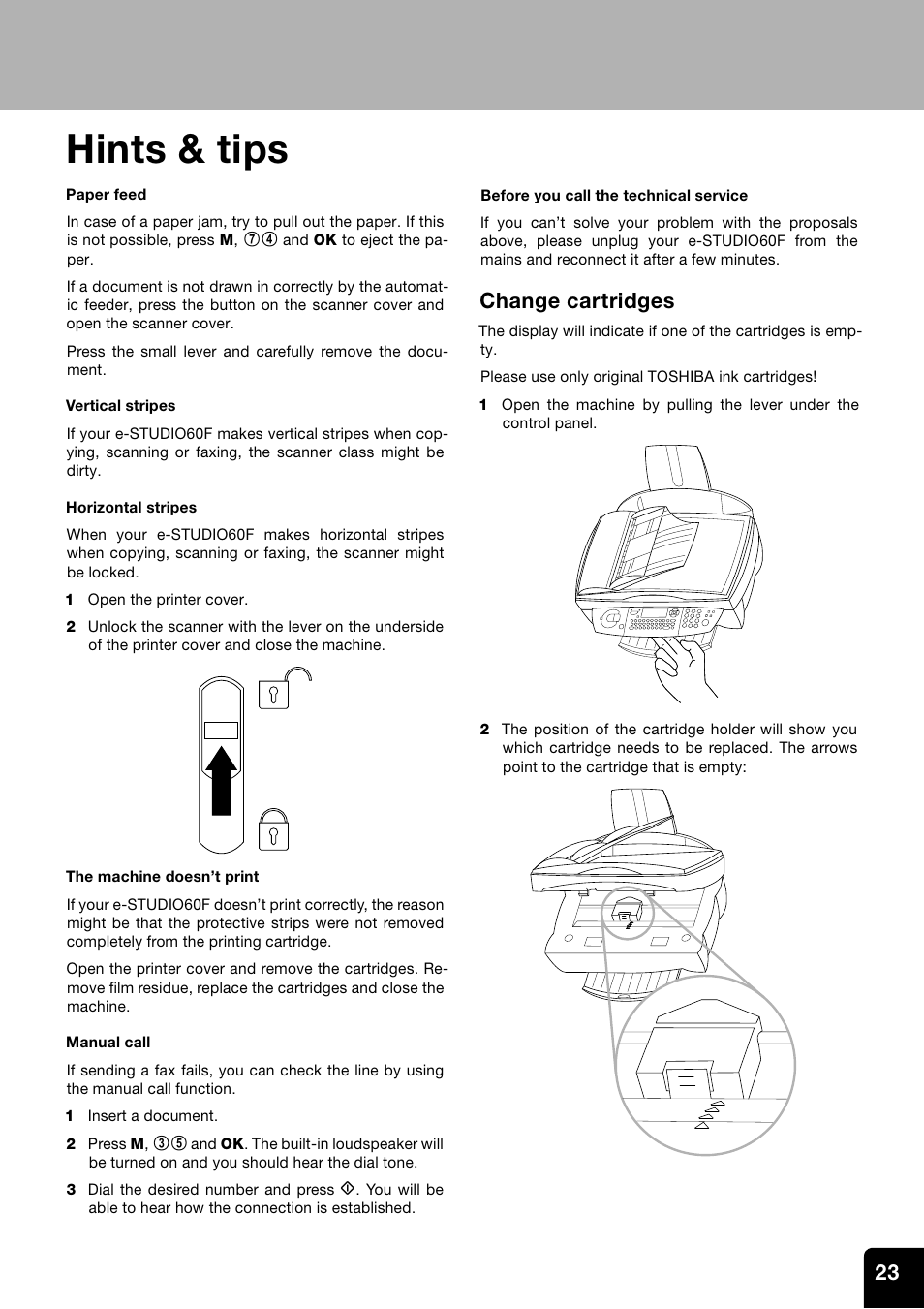 Hints & tips, Change cartridges | Toshiba ESTUDIO 60F User Manual | Page 23 / 32