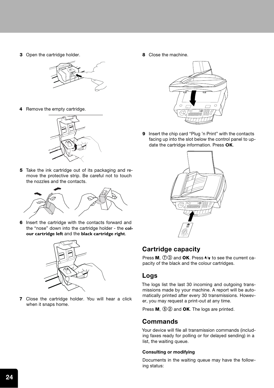 Cartridge capacity, Logs, Commands | Toshiba ESTUDIO 60F User Manual | Page 24 / 32