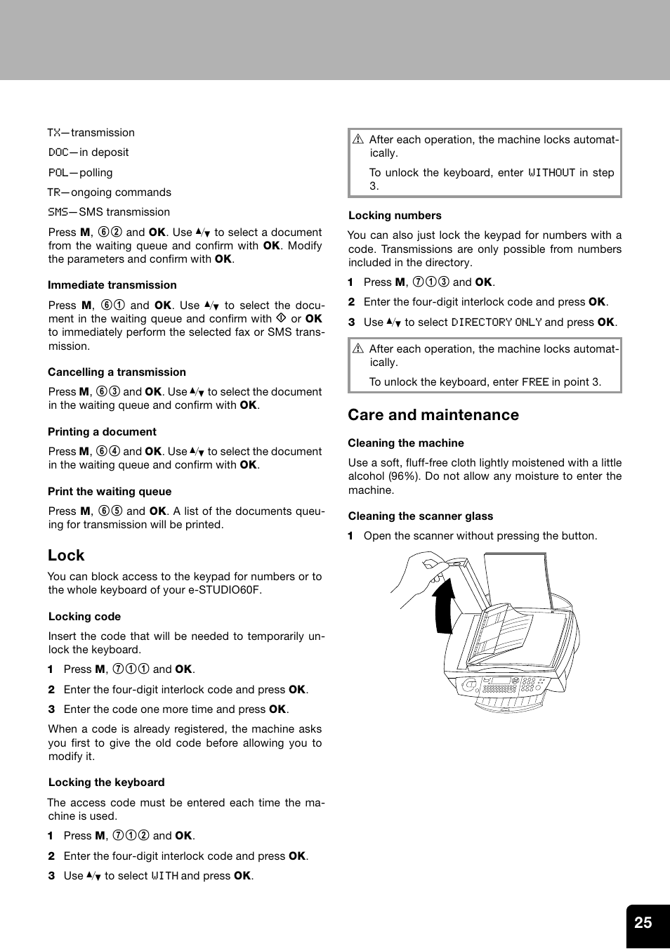 Lock, Care and maintenance | Toshiba ESTUDIO 60F User Manual | Page 25 / 32