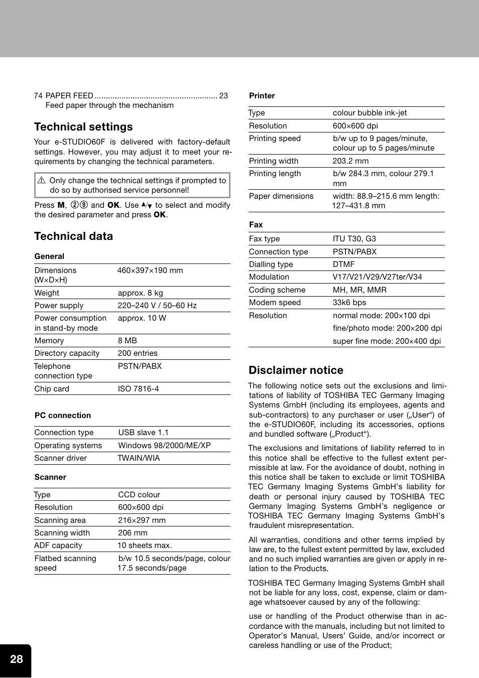 Technical settings, Technical data, Disclaimer notice | Toshiba ESTUDIO 60F User Manual | Page 28 / 32