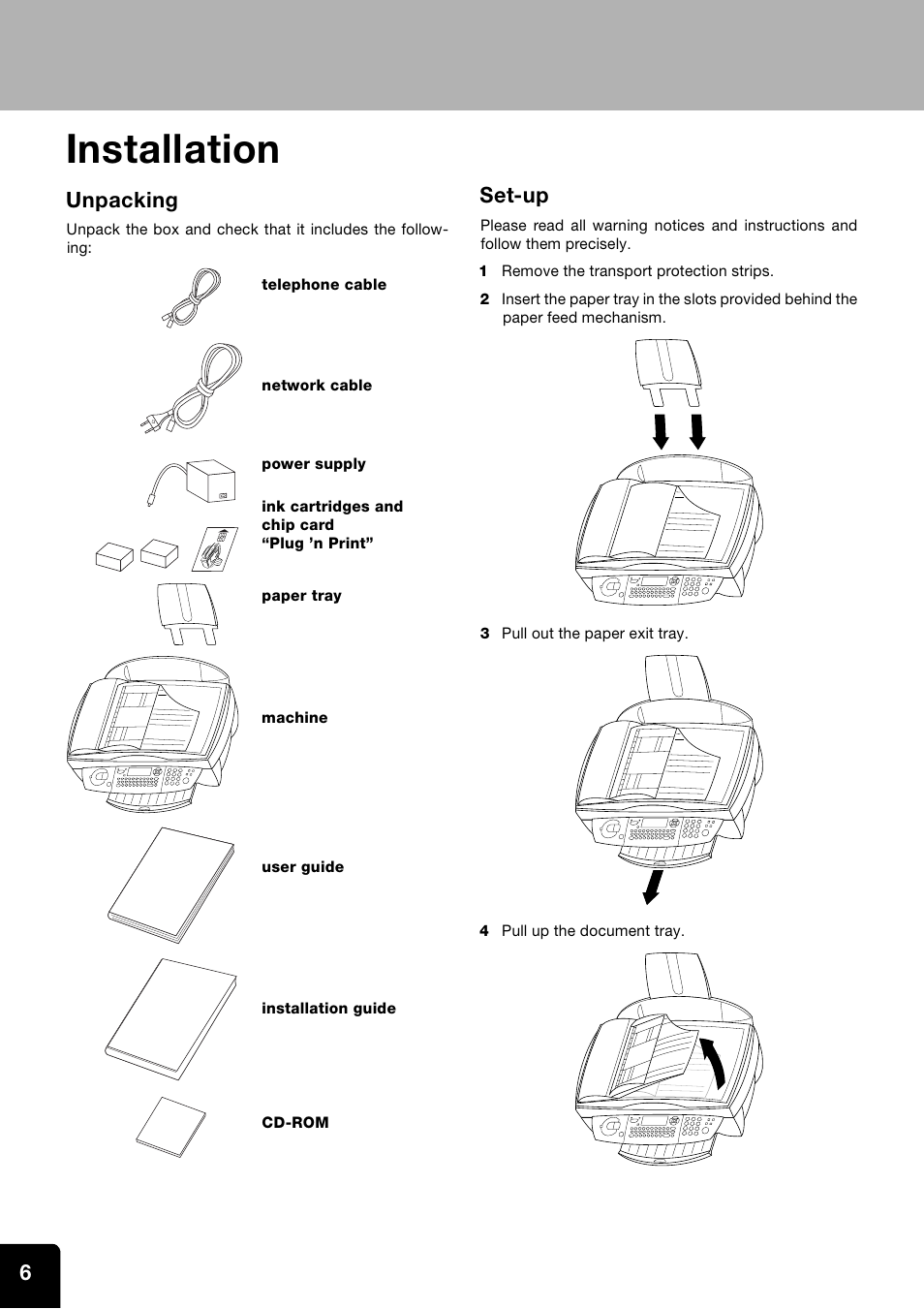 Installation, Unpacking, Set-up | Toshiba ESTUDIO 60F User Manual | Page 6 / 32