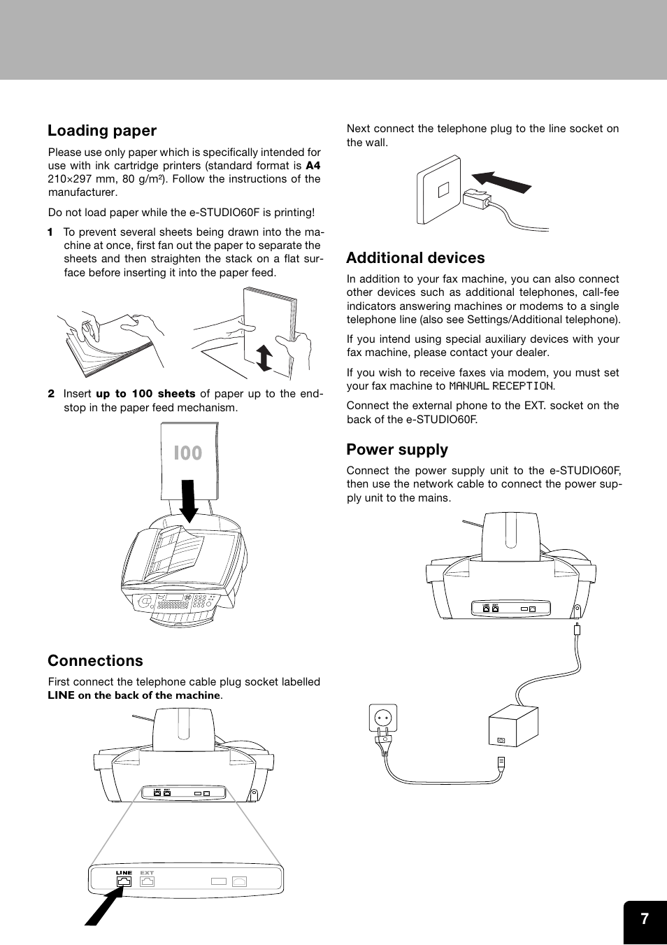 7loading paper, Connections, Additional devices | Power supply | Toshiba ESTUDIO 60F User Manual | Page 7 / 32