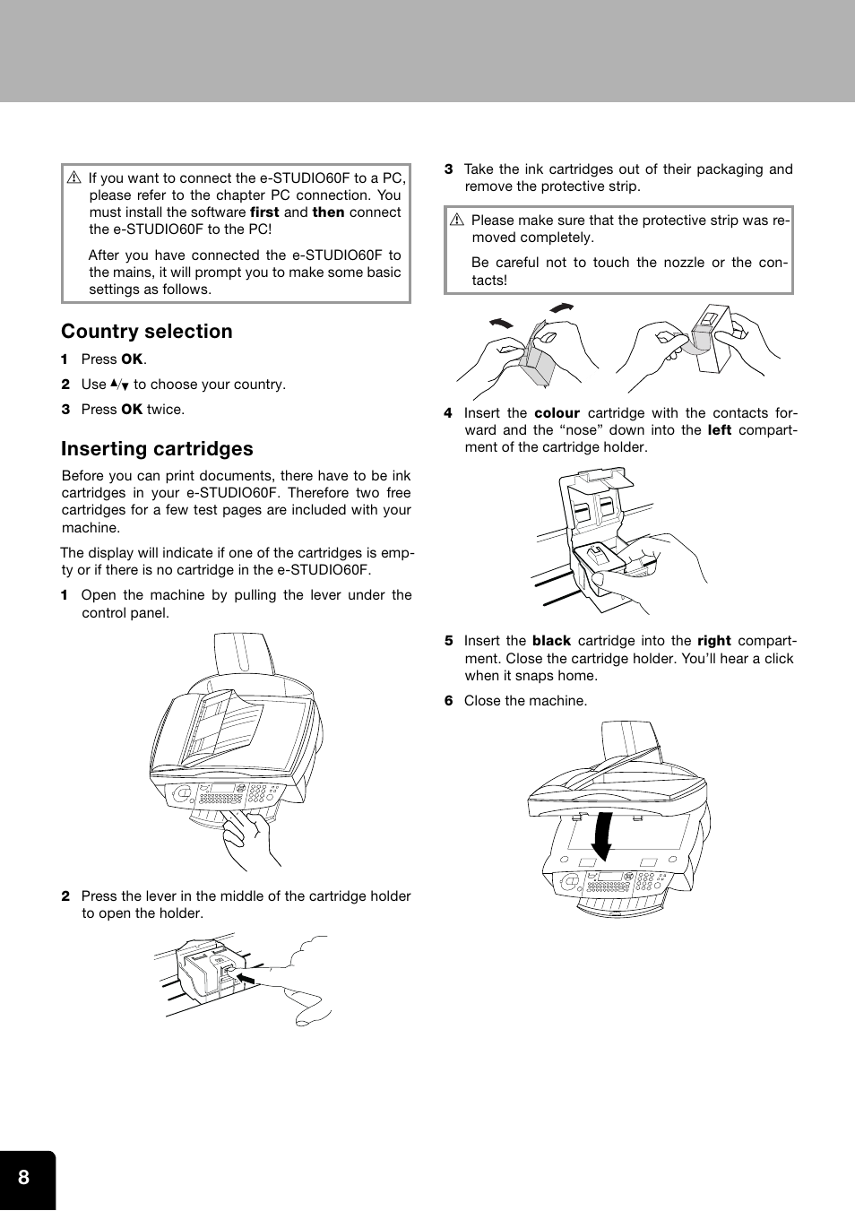 Country selection, Inserting cartridges | Toshiba ESTUDIO 60F User Manual | Page 8 / 32