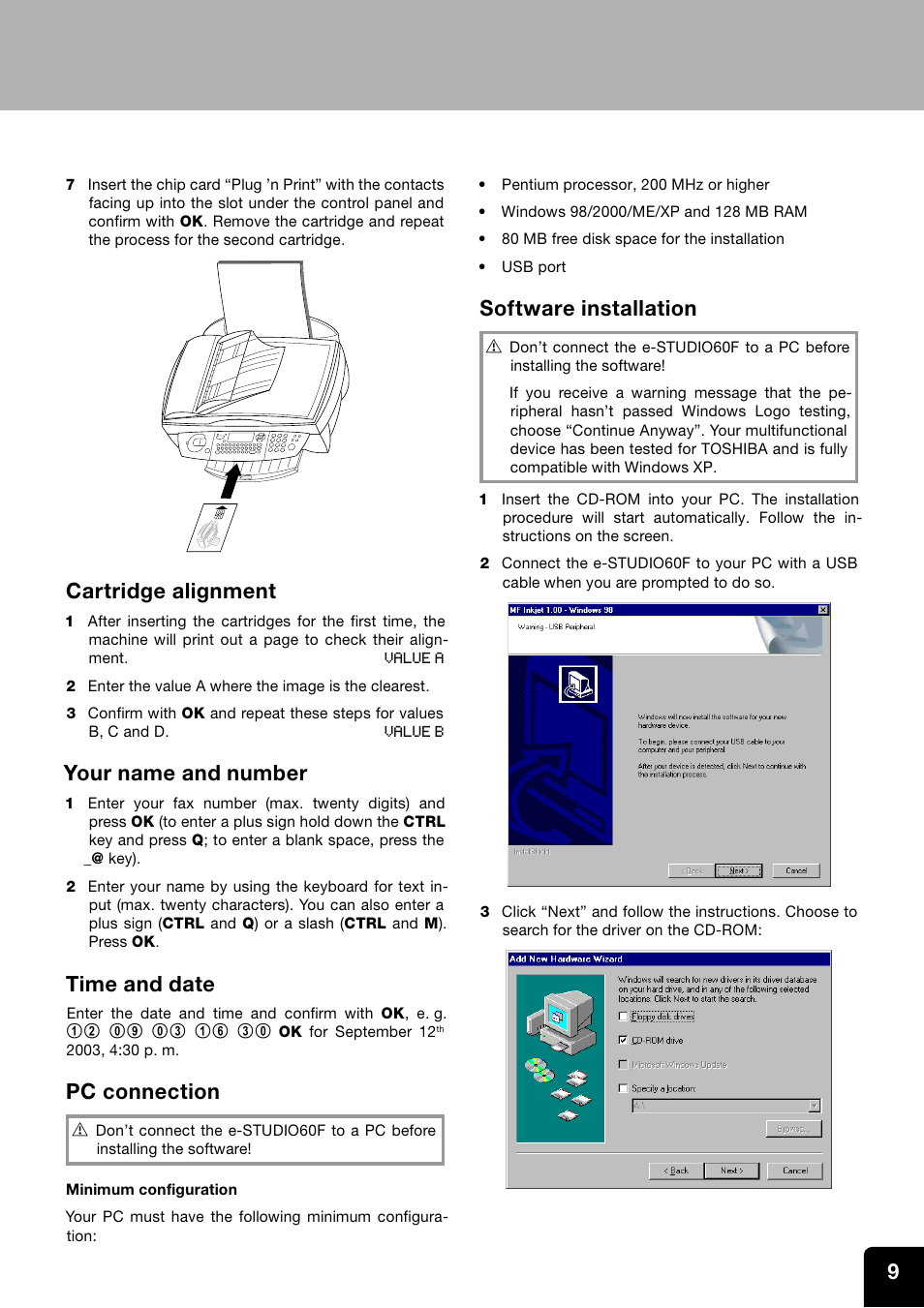 Cartridge alignment, Your name and number, Time and date | Pc connection, Software installation | Toshiba ESTUDIO 60F User Manual | Page 9 / 32