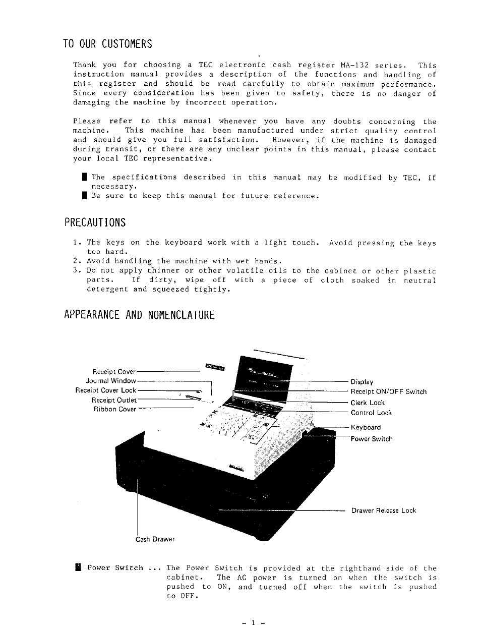 To our customers, Precautions, Appearance and nomenclature | Toshiba MA-132 SERIES User Manual | Page 5 / 52