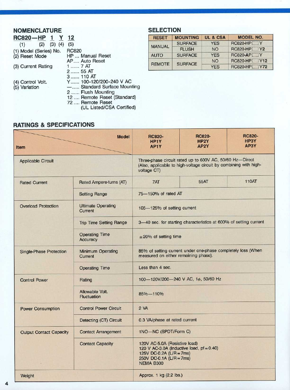 Nomenclature rc820—hp 1 y 12, Selection, Ratings & specifications | Toshiba RC820 User Manual | Page 4 / 8