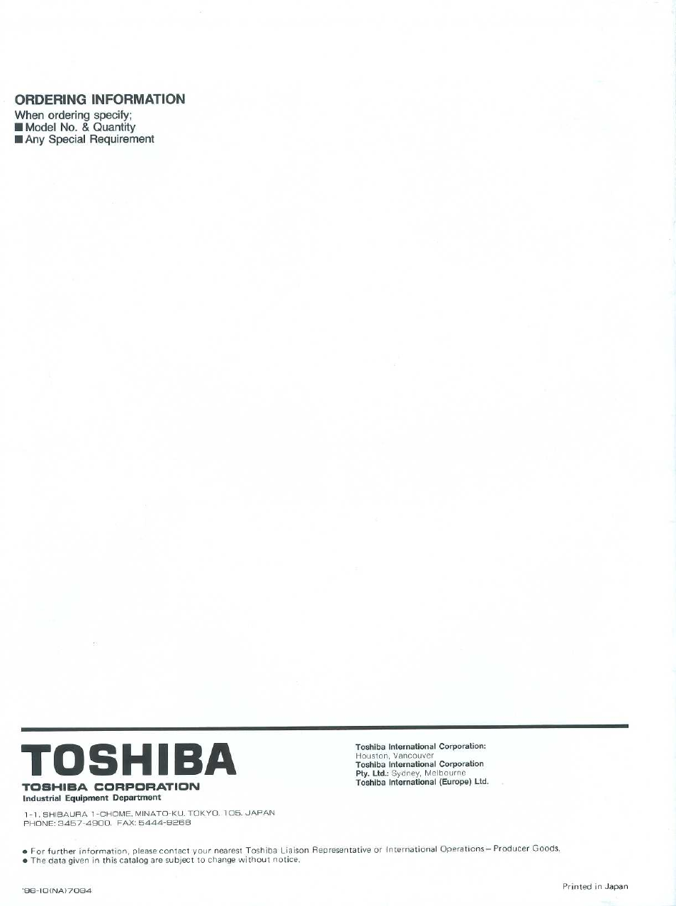 Ordering information, Toshiba, As-ia(na)7oa*3 | Toshiba RC820 User Manual | Page 8 / 8