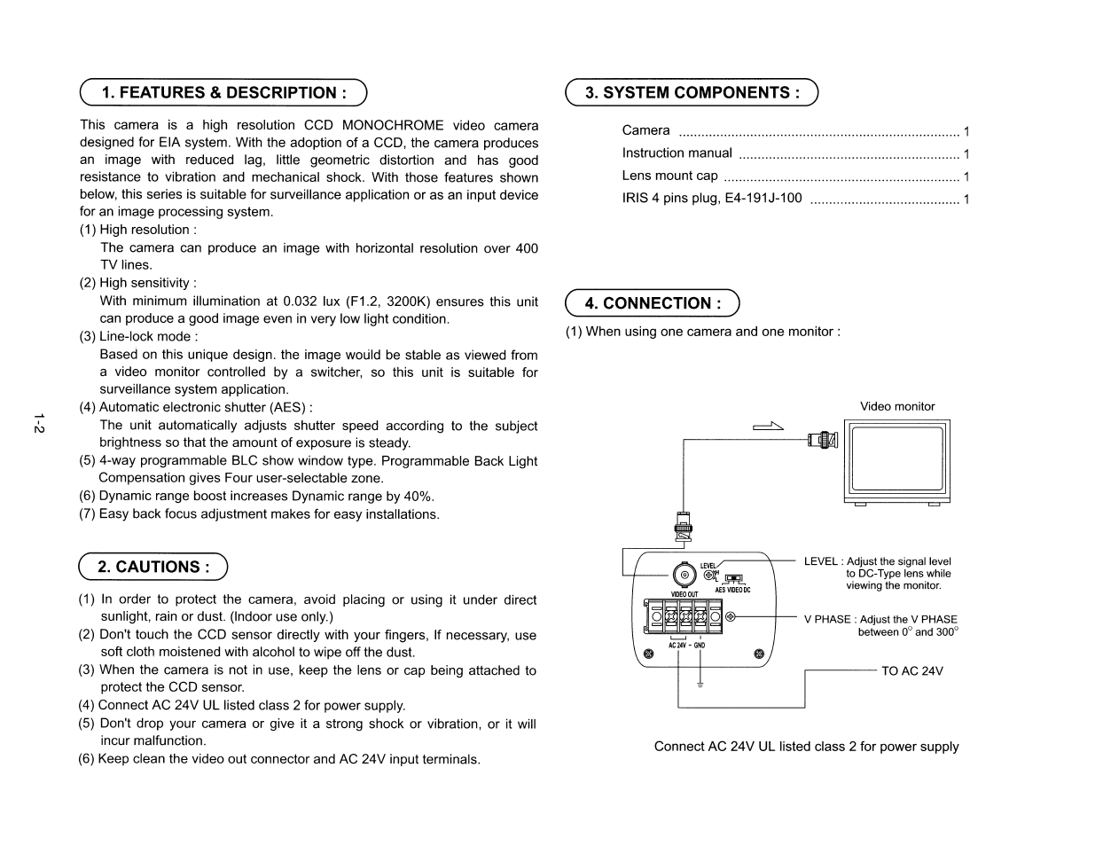 Features & description, Cautions : ') | Toshiba IK-528A User Manual | Page 3 / 10