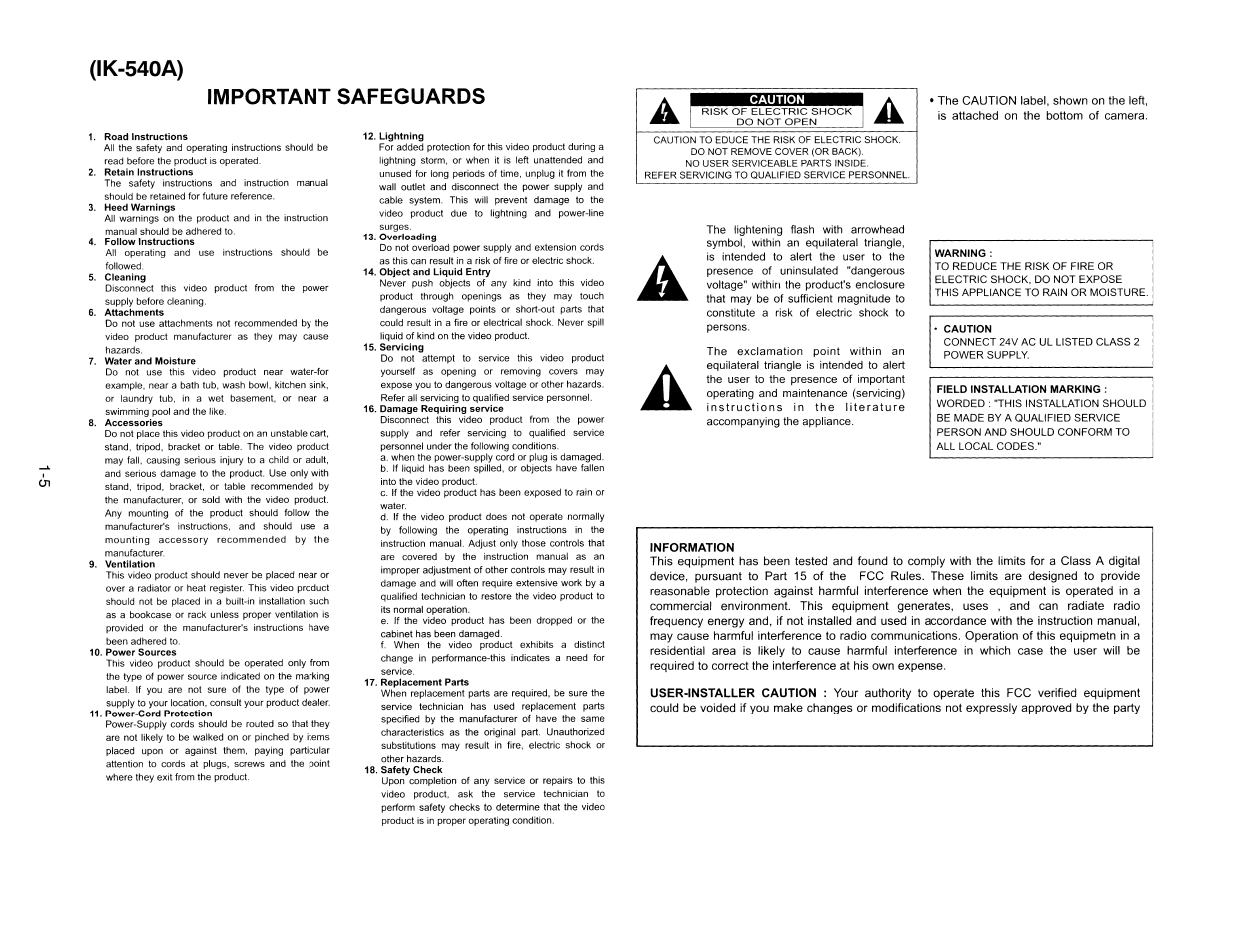 Important safeguards, Ik-540a) | Toshiba IK-528A User Manual | Page 6 / 10