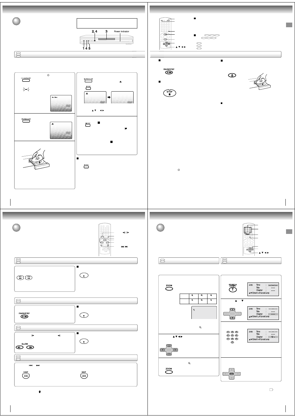 Playing a disc, Playing a disc (continued), Zooming/locating desired scene | Basic playback, Playing frame by frame, Playing in fast reverse or fast forward directions, Locating a chapter or track playing in slow-motion, Zooming, Locating desired scene | Toshiba SD-190ESE User Manual | Page 5 / 10