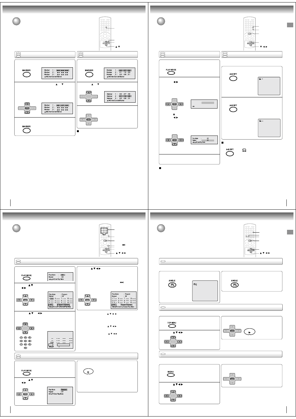 Marking desired scenes, Repeat playback/a-b repeat playback, Program playback/random playback | Changing angles/title selection/dvd menu, Marking the scenes returning to the scenes, Repeat playback, A-b repeat playback, Random playback, Program playback, Changing angles | Toshiba SD-190ESE User Manual | Page 6 / 10