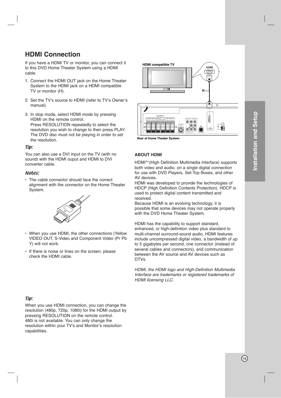 Hdmi connection, Installation and setup, Component video out | Toshiba SD-C67HTSU User Manual | Page 15 / 46