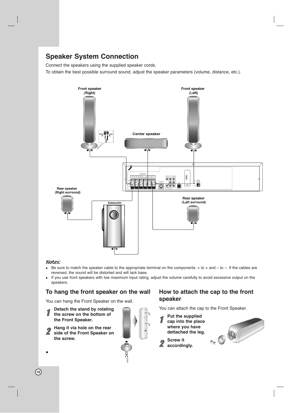 Speaker system connection, How to attach the cap to the front speaker | Toshiba SD-C67HTSU User Manual | Page 16 / 46