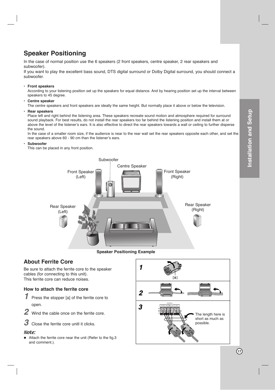 Speaker positioning, Installation and setup, About ferrite core | Toshiba SD-C67HTSU User Manual | Page 17 / 46