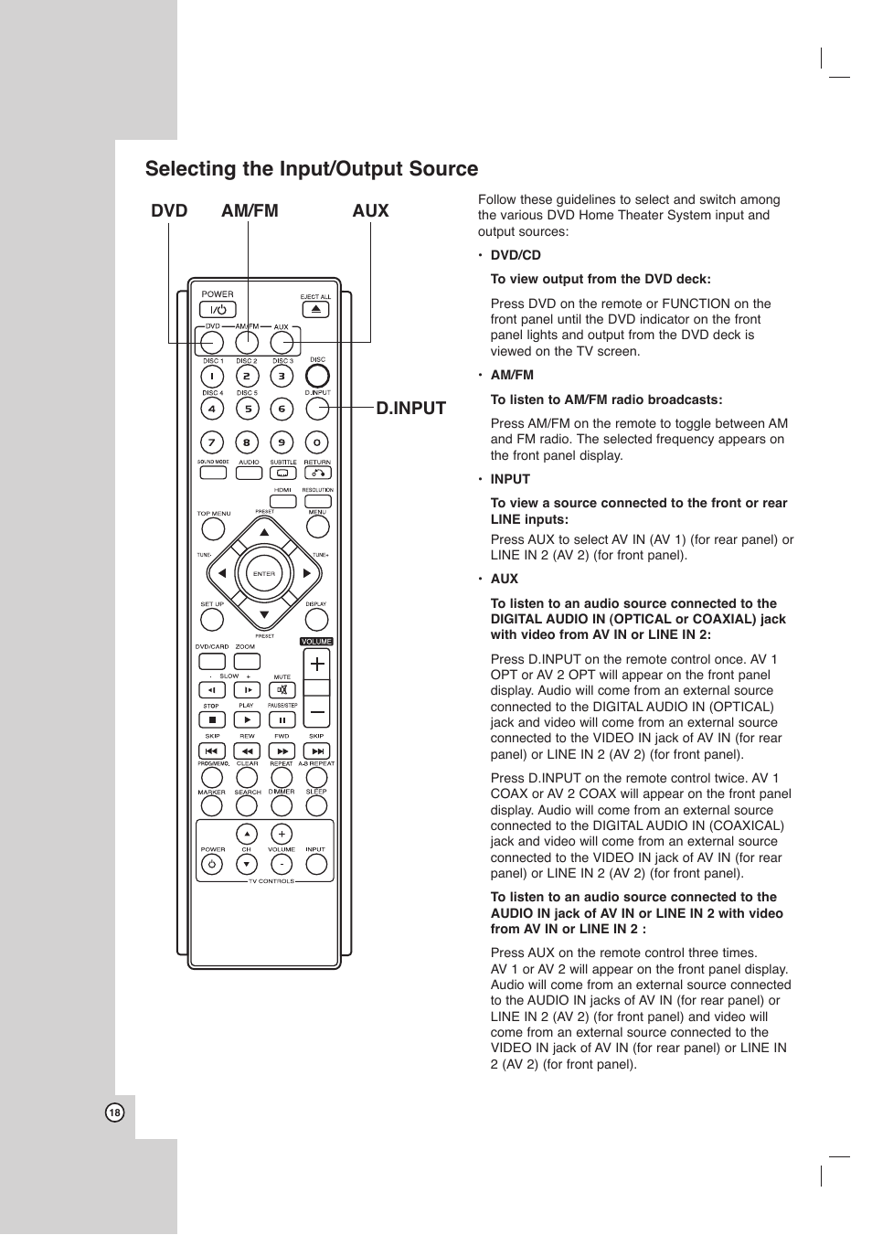 Selecting the input/output source, Dvd am/fm aux d.input | Toshiba SD-C67HTSU User Manual | Page 18 / 46